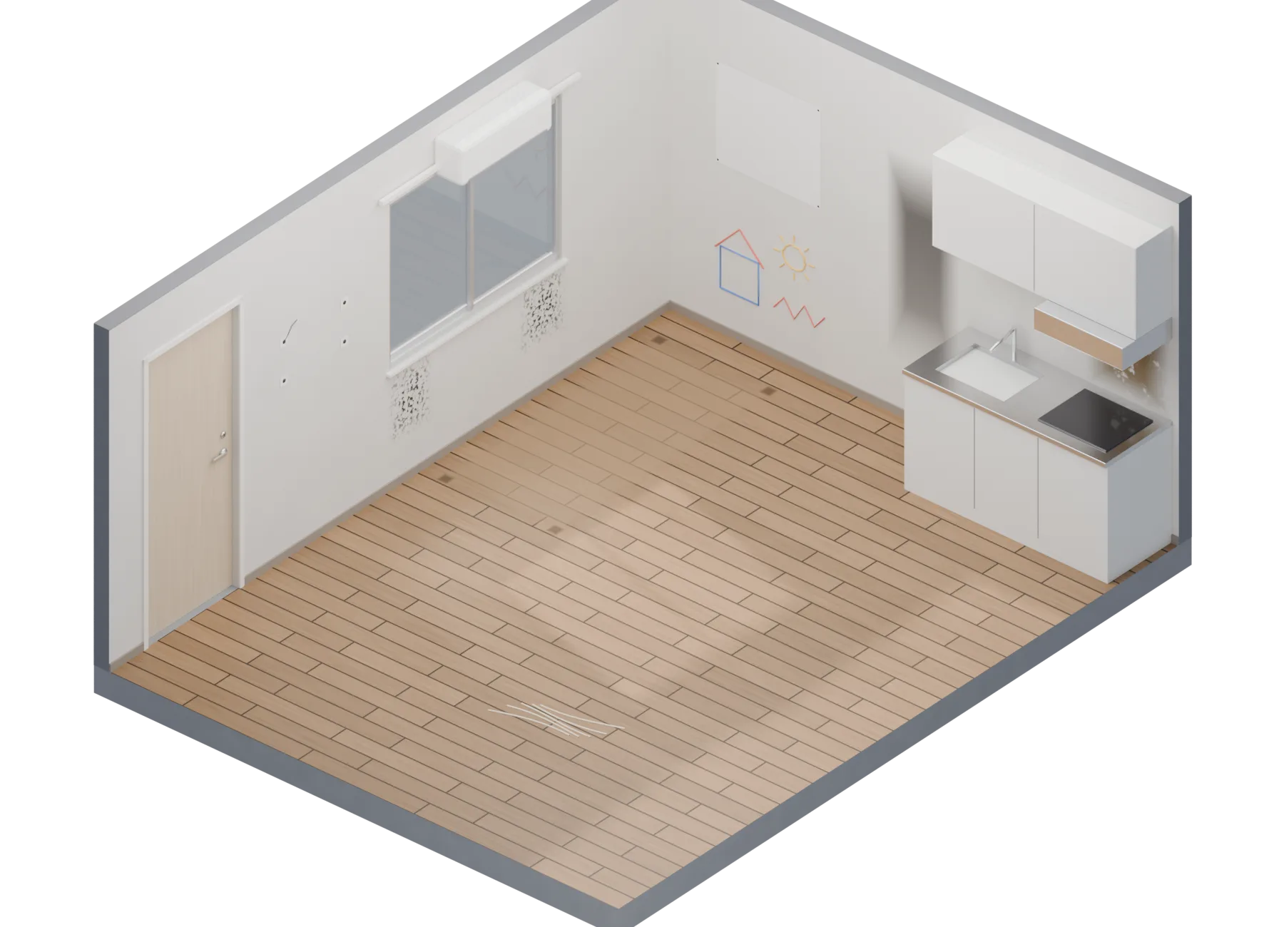 退去前の1Kの部屋を斜め上から見た3D画像